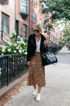 SUEDE MOTO JACKET - Styled Snapshots #suedejacket #motojacket #fallootd #midiskirt #animalprint Edgy Work Outfits, Styled Snapshots, Moto Jacket Style, Rok Midi, Home Wear Women Casual, Homewear Woman, Homewear Fashion, Suede Moto Jacket, Leopard Print Skirt