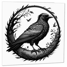 a black and white drawing of a bird sitting on a branch with leaves around it