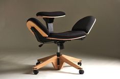 a black office chair with wooden arms and wheels