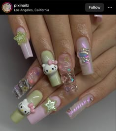 Medium long link and light green nails hello kitty clear texture star Light Green Nails, 2023 Love, Soft Nails, Cat Nails