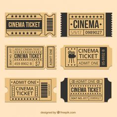 four different movie tickets with the word cinema written in black and white on top of them