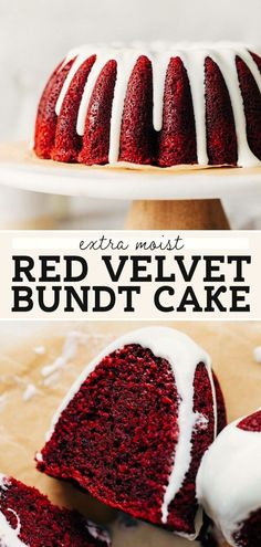 a red velvet bundt cake with white icing on top and sliced in half