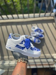 Custom Blue Bandana Air Force 1s - Kiaun's Customs Royal Blue Heels, Nike Shoes Women Fashion, Custom Sneakers Diy, Air Force Shoes, Custom Shoes Diy, Nike Shoes Air Force, Blue Bandana, Air Force 1s, Nike Fashion Shoes