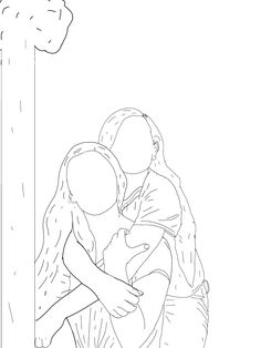 a black and white drawing of two people hugging each other in front of a tall pole