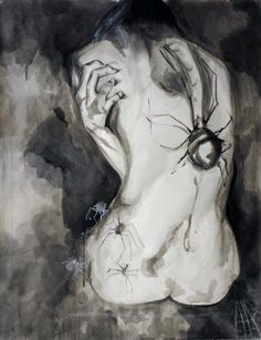 a drawing of a woman's back with her hands on her face and eyes open