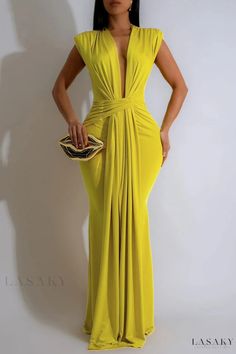 Lasaky - Stylish Casual Solid Patchwork V-Neck Long Dresses Yellow Stretch V-neck Maxi Dress, Yellow Stretch Maxi Dress With V-neck, Plus Size Outerwear, Bodycon Maxi Dresses, Birthday Woman, Sleeveless Maxi Dress, Long Dresses, Summer Maxi Dress, Dress To Impress