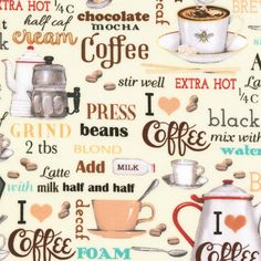 a white background with coffee related words and mugs on the top one has i love coffee written all over it