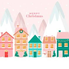 a christmas card with houses and trees in the snow, on a pink background that says merry christmas