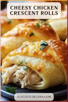 cheesy chicken crescent rolls on a plate with text overlay reading cheesy chicken crescent rolls