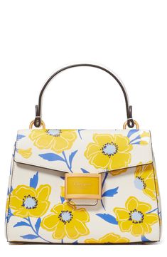 Polished hardware and floral-patterned leather distinguish a sophisticated bag fitted with a rolled top handle and optional strap for hands-free carry. Magnetic-snap flap closure Top carry handle; removable, adjustable crossbody strap Exterior slip pocket Interior wall and zip pockets Structured silhouette with flat base and protective metal feet Lined Leather Imported Kate Spade Floral Bag, Pinterest Contest, Kate Spade Satchel, Perfect Purse, Perfect Handbag, Top Handle Handbags, Pretty Bags, Kate Spade Purse, Satchel Purse