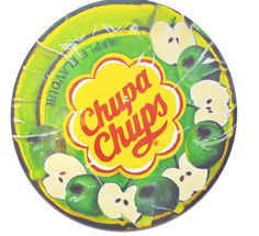 the chupa chups logo is on top of some green and yellow fruit slices