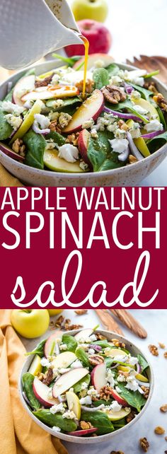 an apple walnut spinach salad is being poured into a bowl with apples in the background