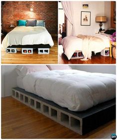 there are three different beds with storage boxes on the bottom, and one is made from pallets