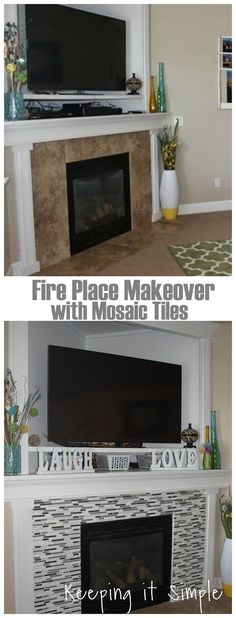 fireplace makeover with mosaic tiles and white painted mantels for tv's entertainment center