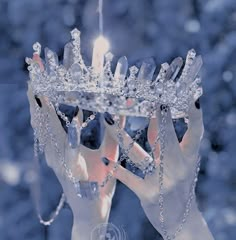 two hands holding up a crystal crown in front of snowflakes and ice crystals