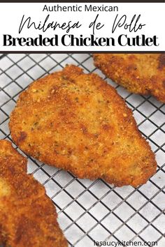 three pieces of breaded chicken cutlet on a cooling rack with text overlay