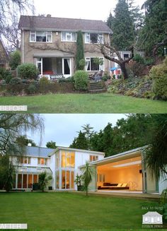 before and after shots of a house in the middle of an open lawn area with stairs leading up to it