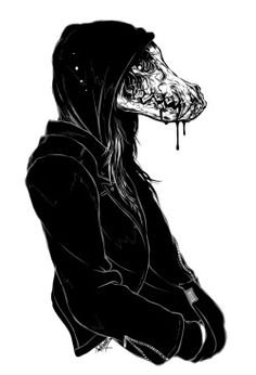 a black and white drawing of a person wearing a hoodie with their face covered in blood