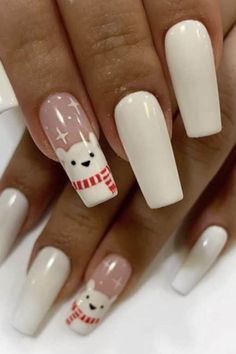 This Winter White nail design is all about off-white matte nails with a cute little snowman hiding and giving a sweet smile. Another design that captures the festivities so beautifully Bears Nails, Holiday Nail, Festival Nails