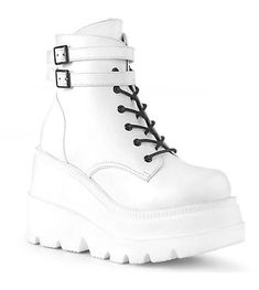 SHAKER-52 All White Platform Boots Demonia Boots, Gothic Boots, Demonia Shoes, Chunky Heel Ankle Boots, White Platform, Wedge Ankle Boots, Platform Ankle Boots, White Boots, Lace Up Ankle Boots