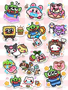 various stickers with cartoon characters on them, all in different colors and shapess