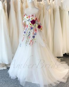 Unique Wedding Dresses With Color, Floral Wedding Dress Colored, Wildflower Wedding Dress, Colorful Wildflower Wedding, Wedding Dress With Flowers, Floral Rustic Wedding, Wedding Dress Fantasy, Rustic Wedding Dress, Wedding Dress Strapless