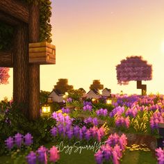 the sun shines brightly over a field full of flowers and trees in minecraft