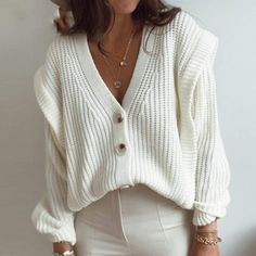 V neck White Lady Cardigan Autumn and Winter Long sleeved Loose Button Casual Sweater Knitted Sweater Shipping from the US. Easy 30 day return policy, 100% cotton, Double-needle neck, sleeves and hem; Roomy Unisex Fit. Batwing Cardigan, Cheap Cardigans, Oversized Knit Cardigan, Sweater Autumn, Women Sweaters, Loose Knit, Women Sweater, Button Cardigan, Oversized Cardigan