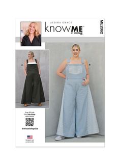 a woman wearing overalls and wide legged pants, with the words know me on it