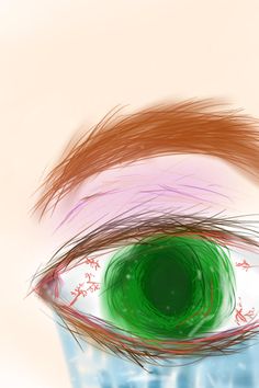 an eye with long brown hair and green eyeshade is shown in this drawing