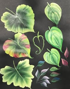 a painting of leaves and flowers on a black background