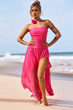 The Briana Maxi Dress - Hot Pink Solid Color Beachwear Dresses For Beach Party, Solid Summer Dress For Beach Party, Beachwear Ruched Dress For Beach Party, Solid Color Summer Dress For Beach Party, Ruched Dress For Beach Party Season, Ruched Dress For Beach Party, Solid Color Summer Beach Party Dress, Beach Party Dresses For Beach Season, Chic Pink Strapless Dress For Beach