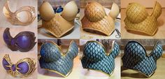 four different types of bras made out of wood and leather, all in different colors