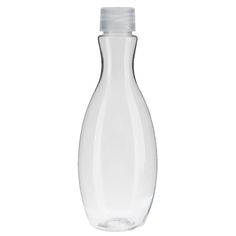 a clear glass bottle with a white top and nozzle on the bottom is shown in front of a white background