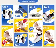 an advertisement for shoes is shown in multiple colors and sizes, with the same price tag