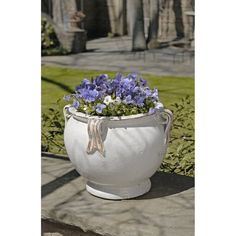 a white pot with blue flowers in it