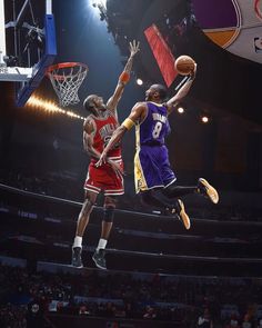 two basketball players in the air during a game