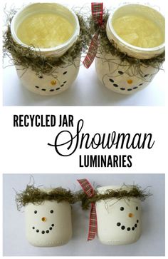 two jars filled with snowman luminaries and the words recycled jar on top