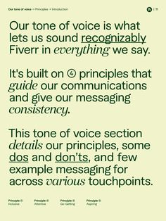 a green poster with the words, our tone of voice is what lets us sound recognizableally