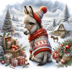 a painting of a donkey wearing a hat and scarf sitting in the snow with presents