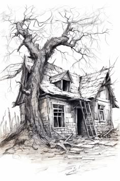 50 Creative Drawing Ideas - Yonderoo Creepy Garden Drawing, Abandoned Buildings Art, Abandoned Places Drawing, Building Sketches Pencil, Wall Reference Drawing, Old Building Drawing, Street Drawing Sketches, Drawing Buildings Sketch, Farmhouse Illustration