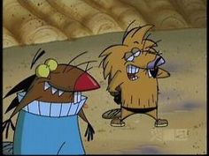 two cartoon characters are walking in the sand together and one is holding his mouth open