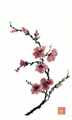 a branch with pink flowers painted on it