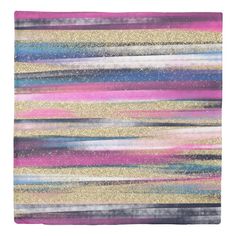 an abstract painting with gold, pink and blue stripes on it's surface in shades of