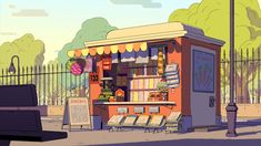 an animated image of a small store on the side of the road with people walking by