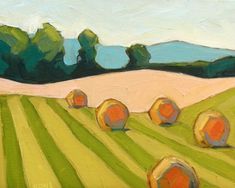 a painting of hay bales in a field