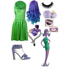 the doll is dressed in green and has purple hair, blue eyeshades, and shoes