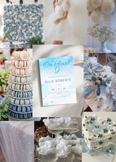 a collage of photos with blue and white items in them, including cake, cookies, flowers, and balloons