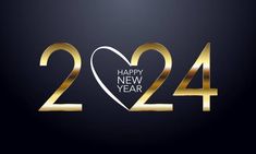 happy new year's card with golden numbers and a heart on a black background