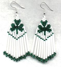 green and white beaded earrings with beads